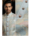 Grey Linen Silk Embroidered Mens Indo Western