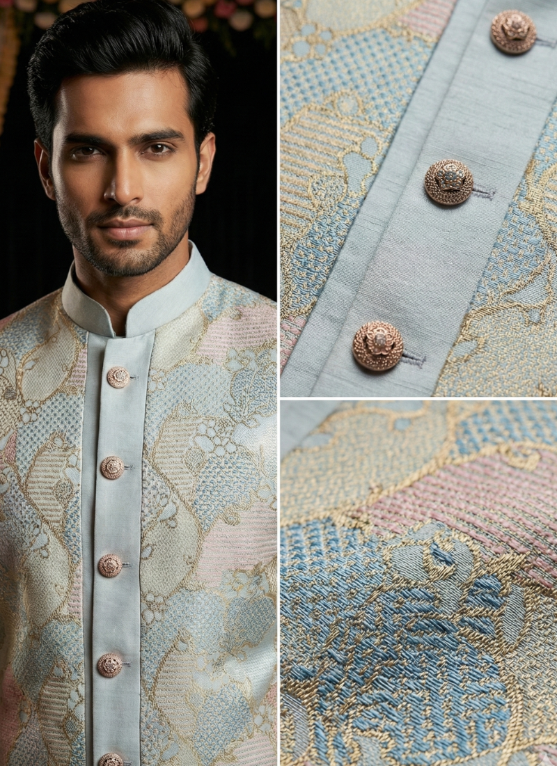 Grey Linen Silk Embroidered Mens Indo Western