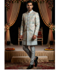 Grey Linen Silk Embroidered Mens Indo Western