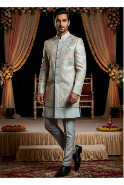 Grey Linen Silk Embroidered Mens Indo Western