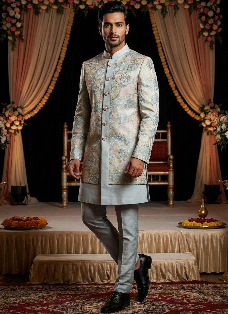 Grey Linen Silk Embroidered Mens Indo Western