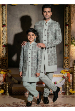 Slate Green Jorget Embroidered Mens Indo Western