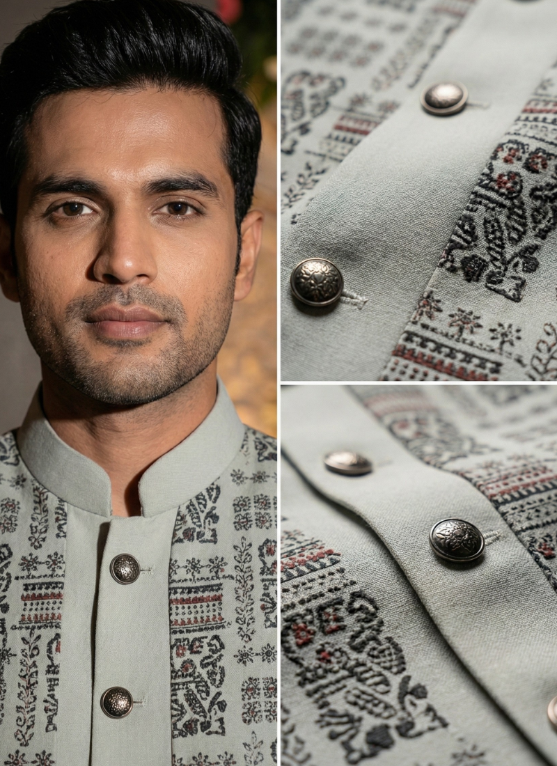 Slate Green Jorget Embroidered Mens Indo Western