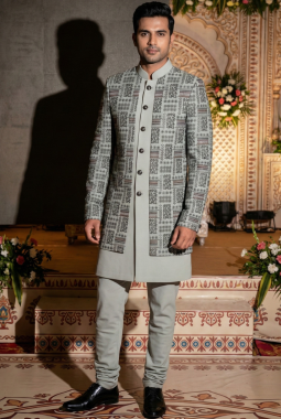 Slate Green Jorget Embroidered Mens Indo Western