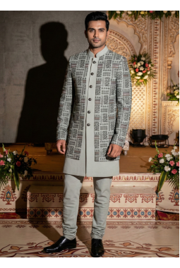 Slate Green Jorget Embroidered Mens Indo Western