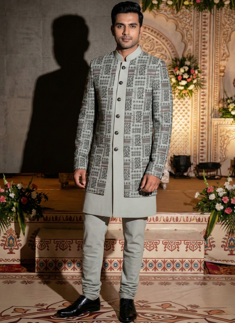 Slate Green Jorget Embroidered Mens Indo Western