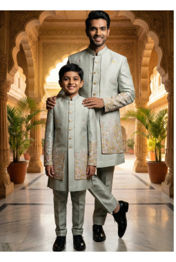 Pista Linen Silk Embroidered Mens Indo Western