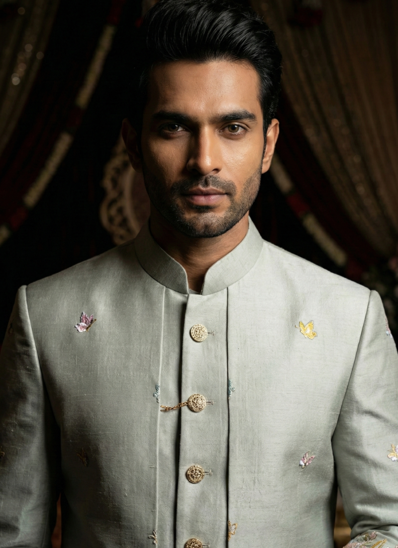 Pista Linen Silk Embroidered Mens Indo Western