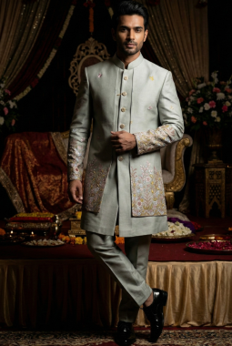 Pista Linen Silk Embroidered Mens Indo Western