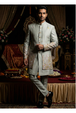 Pista Linen Silk Embroidered Mens Indo Western