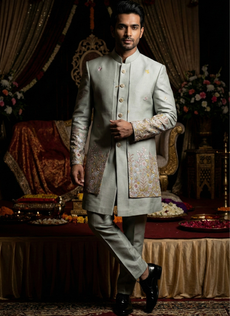 Pista Linen Silk Embroidered Mens Indo Western