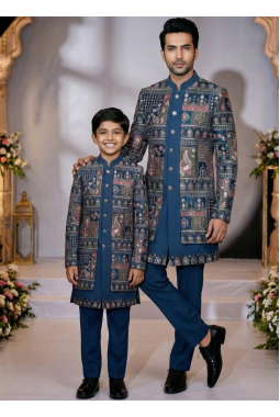 Teal Velvet Embroidered Mens Indo Western