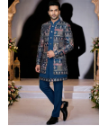 Teal Velvet Embroidered Mens Indo Western