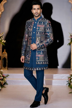 Teal Velvet Embroidered Mens Indo Western