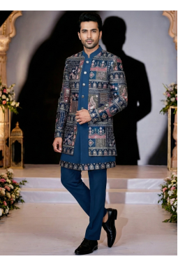 Teal Velvet Embroidered Mens Indo Western