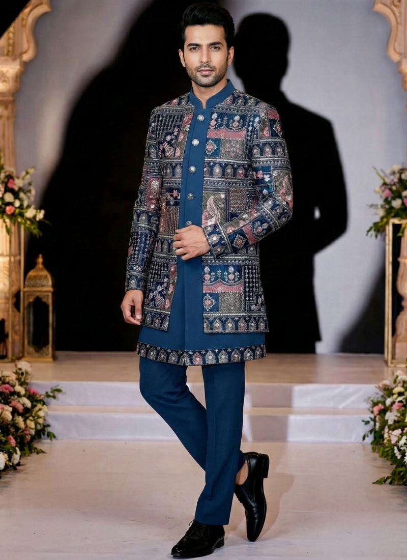 Teal Velvet Embroidered Mens Indo Western