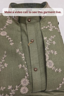 Green Art Linen Embroidery Mens Waistcoat Set