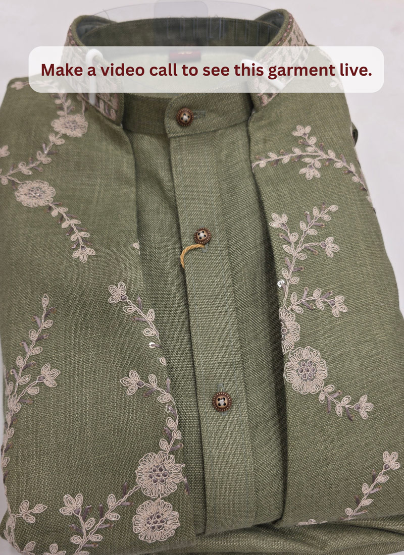 Green Art Linen Embroidery Mens Waistcoat Set
