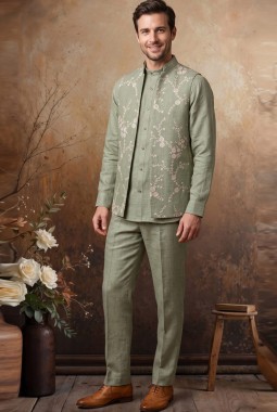 Green Art Linen Embroidery Mens Waistcoat Set