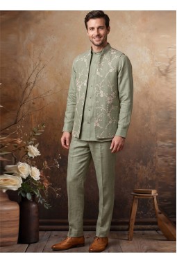 Green Art Linen Embroidery Mens Waistcoat Set