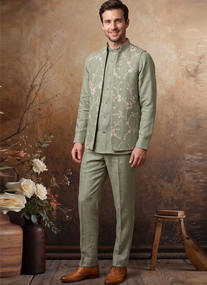 Green Art Linen Embroidery Mens Waistcoat Set
