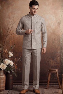 Natural Art Linen Embroidery Mens Waistcoat Set