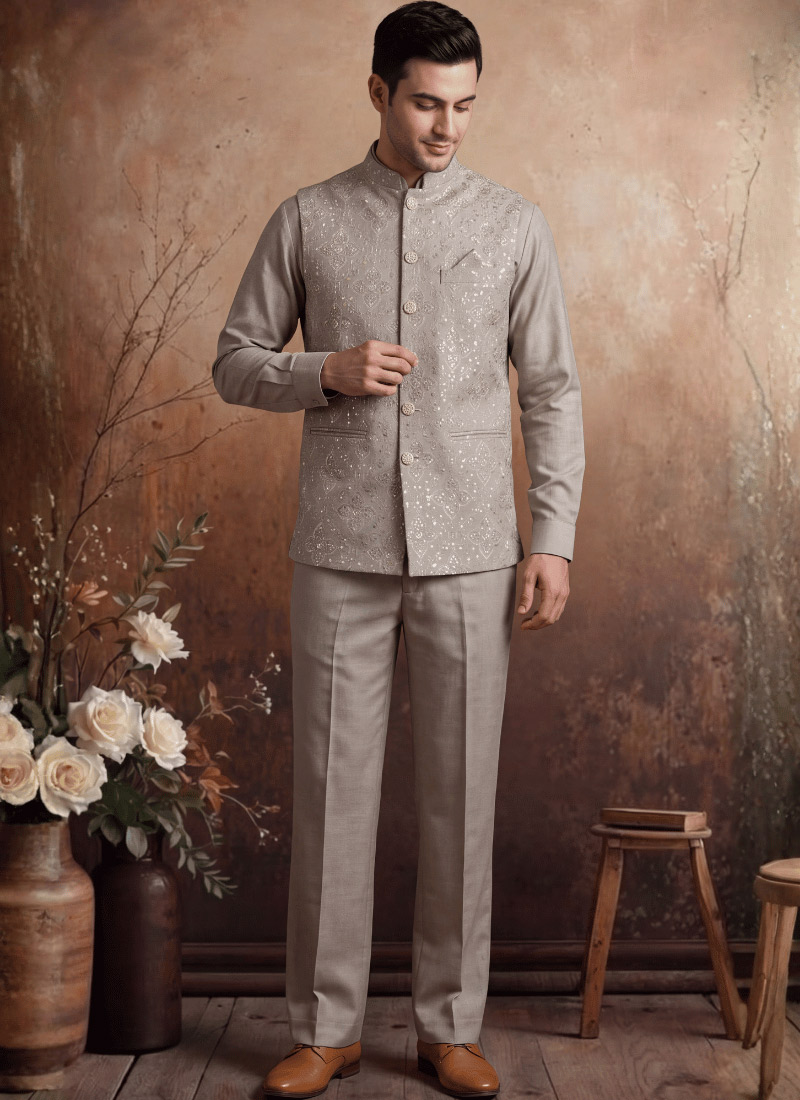 Natural Art Linen Embroidery Mens Waistcoat Set