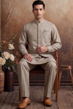 Natural Art Linen Embroidery Mens Waistcoat Set