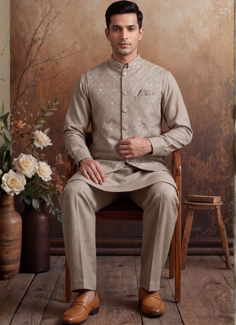 Natural Art Linen Embroidery Mens Waistcoat Set