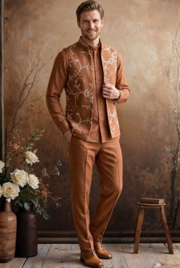 Rust Art Linen Embroidery Mens Waistcoat Set