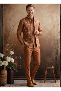Rust Art Linen Embroidery Mens Waistcoat Set