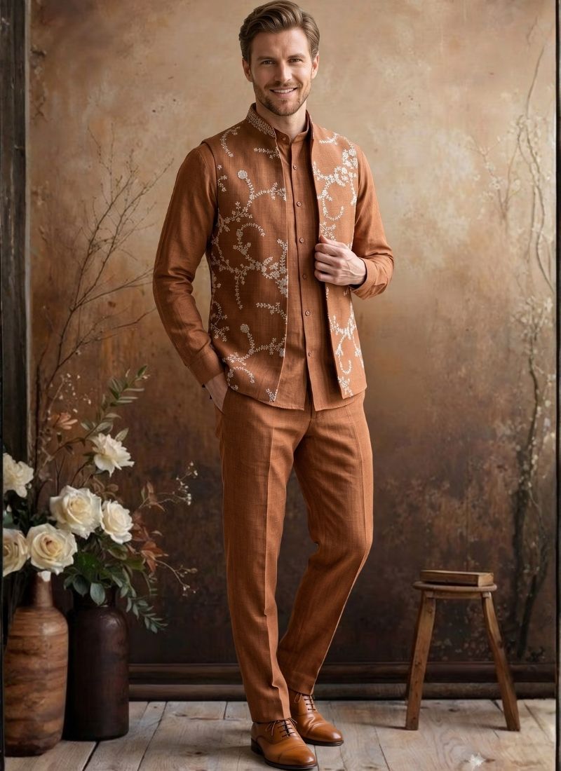 Rust Art Linen Embroidery Mens Waistcoat Set
