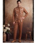 Rust Art Linen Embroidery Mens Waistcoat Set