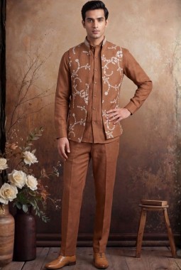 Rust Art Linen Embroidery Mens Waistcoat Set