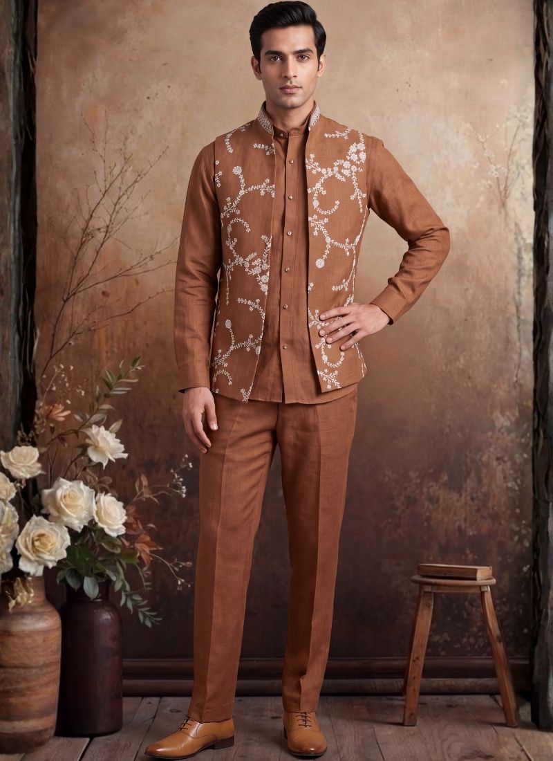 Rust Art Linen Embroidery Mens Waistcoat Set