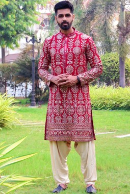 Red Georgette Embroidered Wedding Kafnii With Patiala