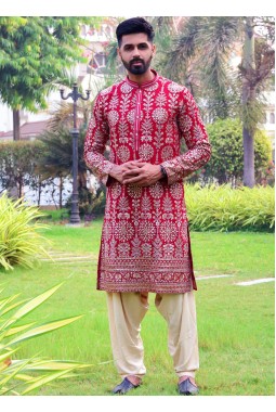 Red Georgette Embroidered Wedding Kafnii With Patiala