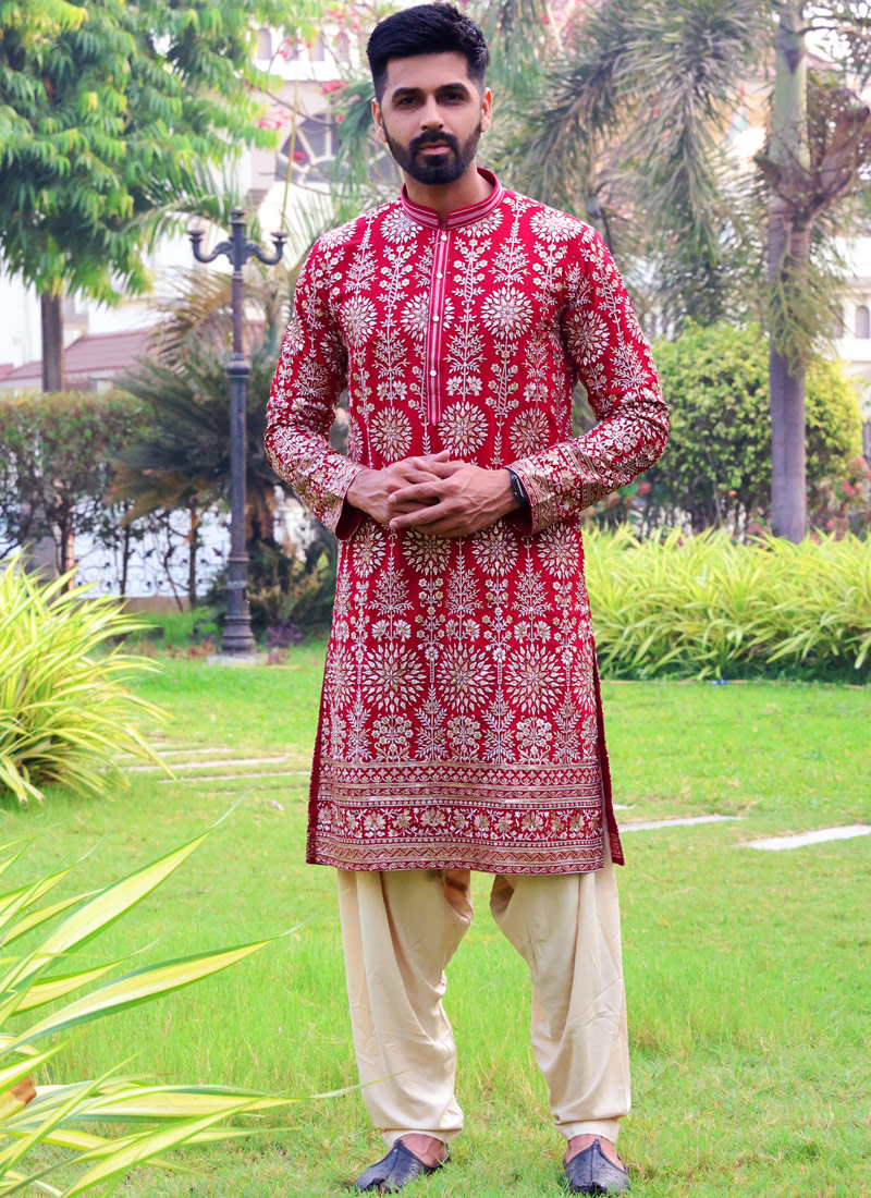 Red Georgette Embroidered Wedding Kafnii With Patiala Red Georgette Embroidered Wedding Kafnii With Patiala