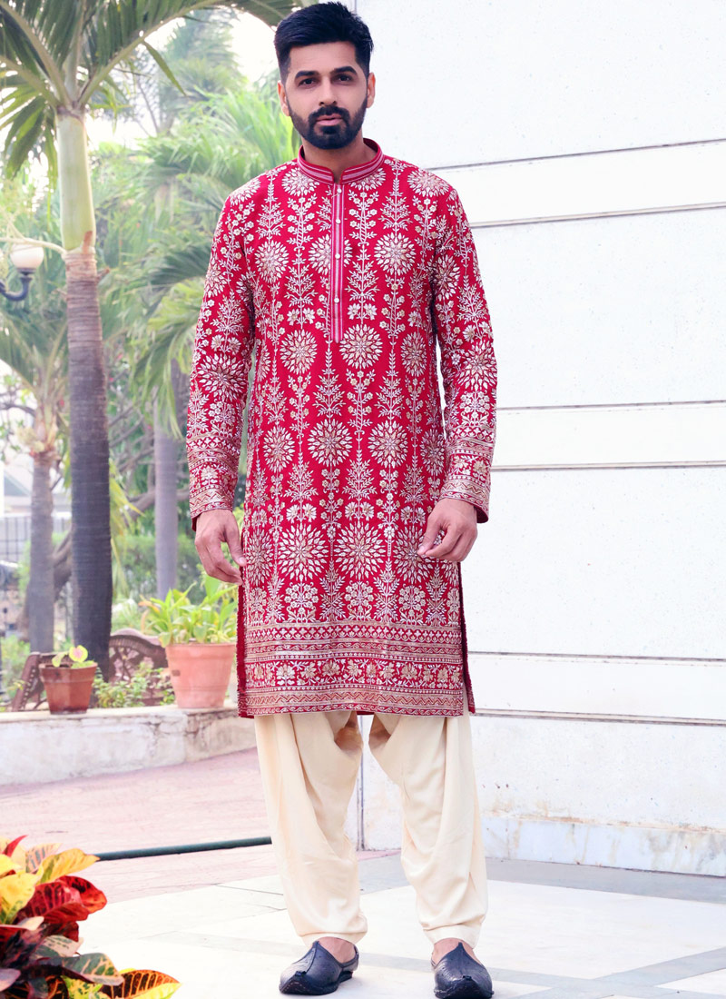 Red Georgette Embroidered Wedding Kafnii With Patiala Red Georgette Embroidered Wedding Kafnii With Patiala