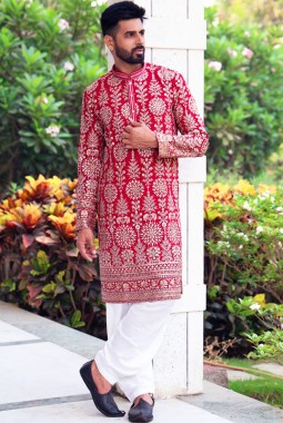 Red Georgette Embroidered Wedding Kafnii With Patiala