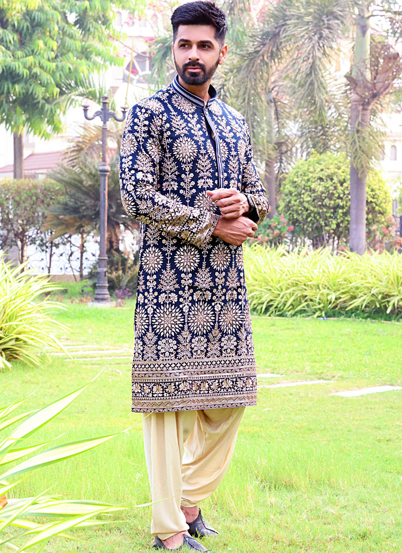 Navy Blue Georgette Embroidered Festive Wear Kafnii With Patiala Navy Blue Georgette Embroidered Festive Wear Kafnii With Patiala