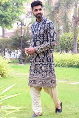 Navy Blue Georgette Embroidered Festive Wear Kafnii With Patiala