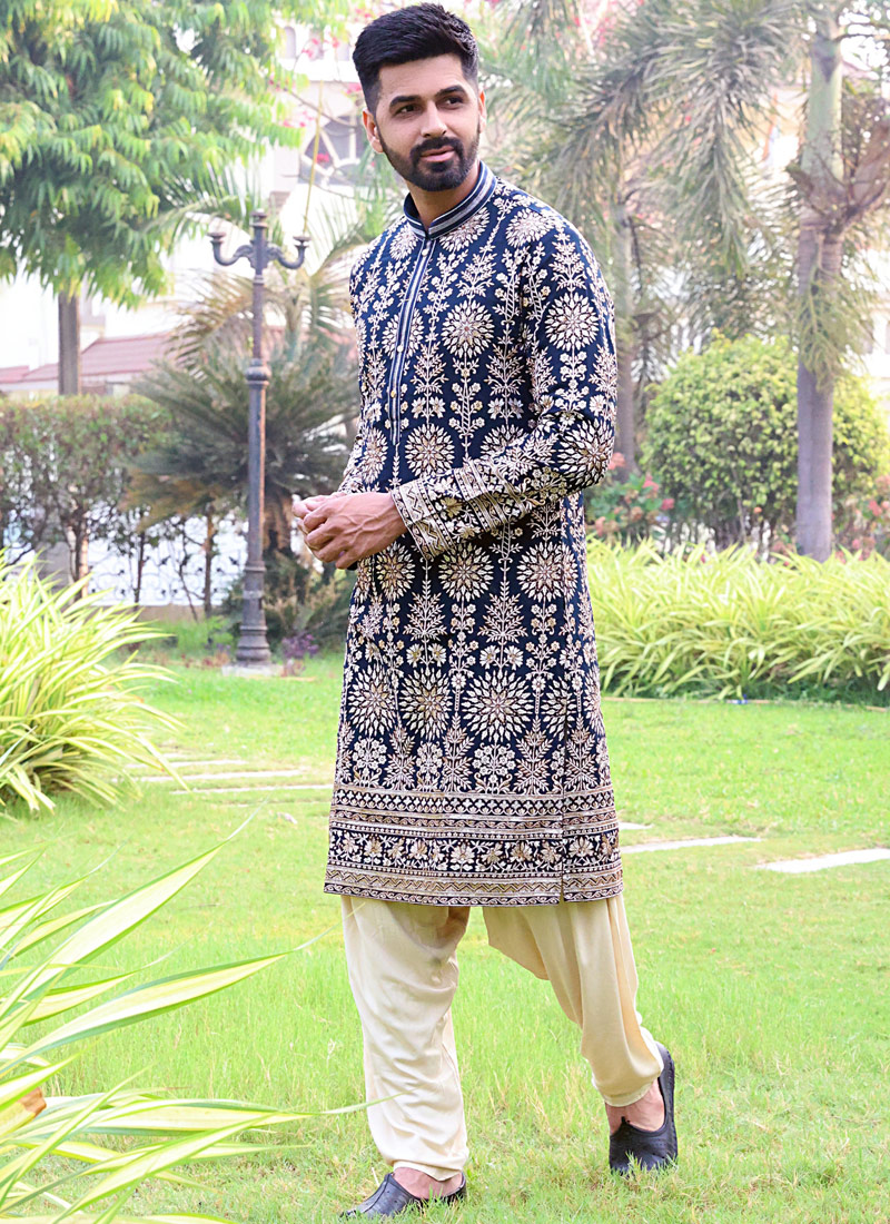 Navy Blue Georgette Embroidered Festive Wear Kafnii With Patiala Navy Blue Georgette Embroidered Festive Wear Kafnii With Patiala