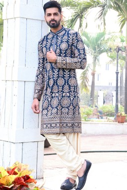 Navy Blue Georgette Embroidered Festive Wear Kafnii With Patiala
