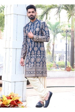 Navy Blue Georgette Embroidered Festive Wear Kafnii With Patiala