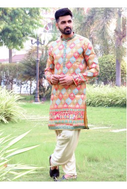 Multi Color Brocade Festive Wear Mens Kafnii With Patiala