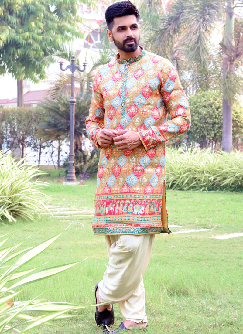 Multi Color Brocade Festive Wear Mens Kafnii With Patiala