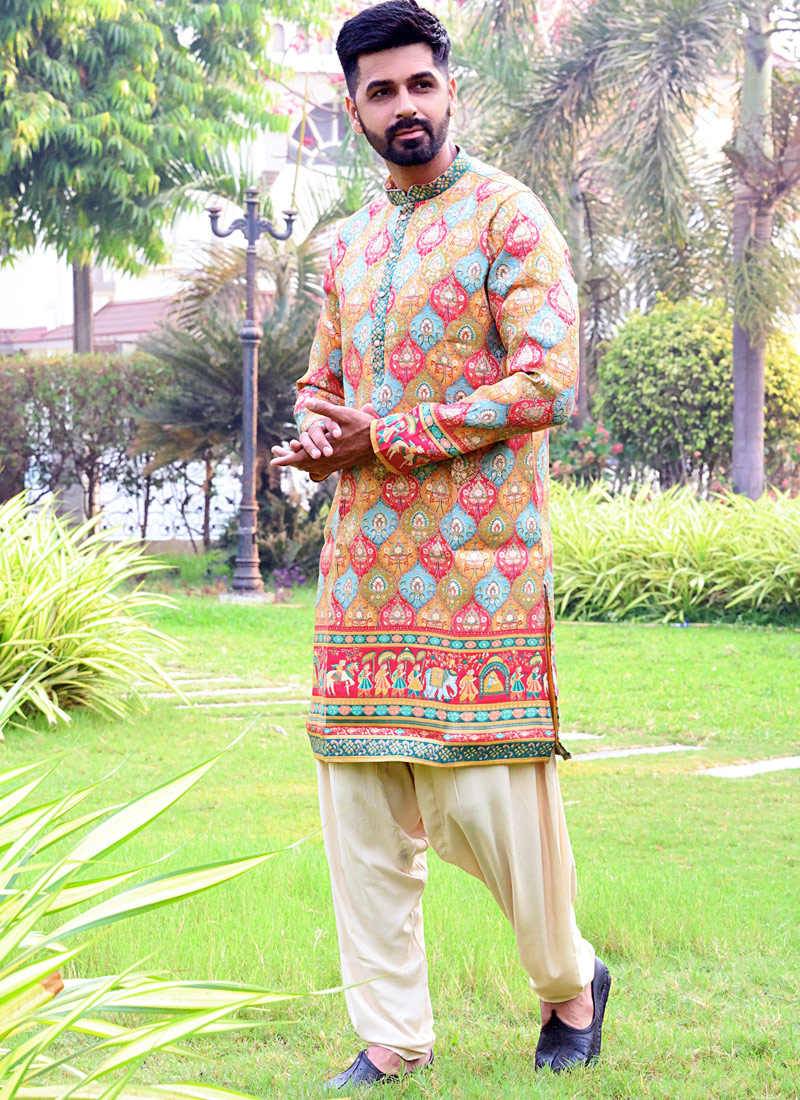Multi Color Brocade Festive Wear Mens Kafnii With Patiala