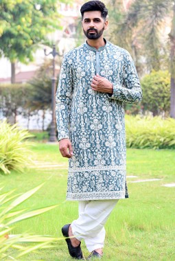 Green Grey Georgette Embroidered Festive Wear Kafnii With Patiala 