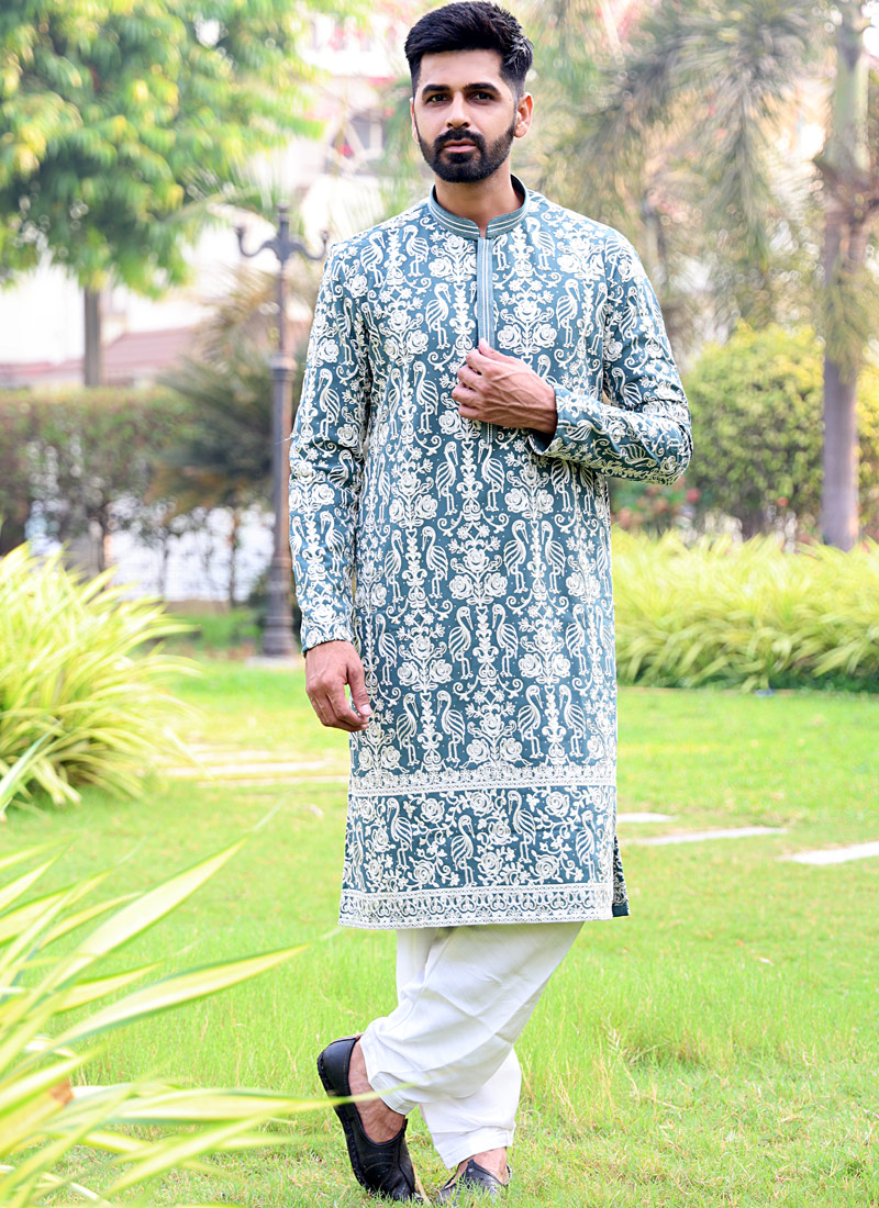 Green Grey Georgette Embroidered Festive Wear Kafnii With Patiala 